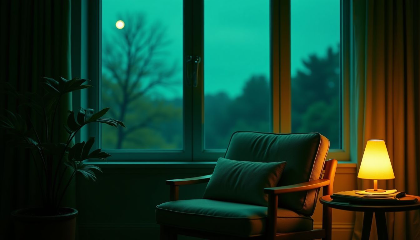 A potted plant on a desk by a window at dusk with soft emerald light — energy, rest and boundaries guide
