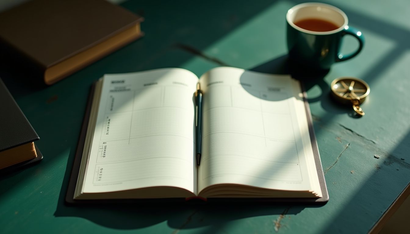 An emerald compass over an open planner on deep green-black slate — planning and decisions guide