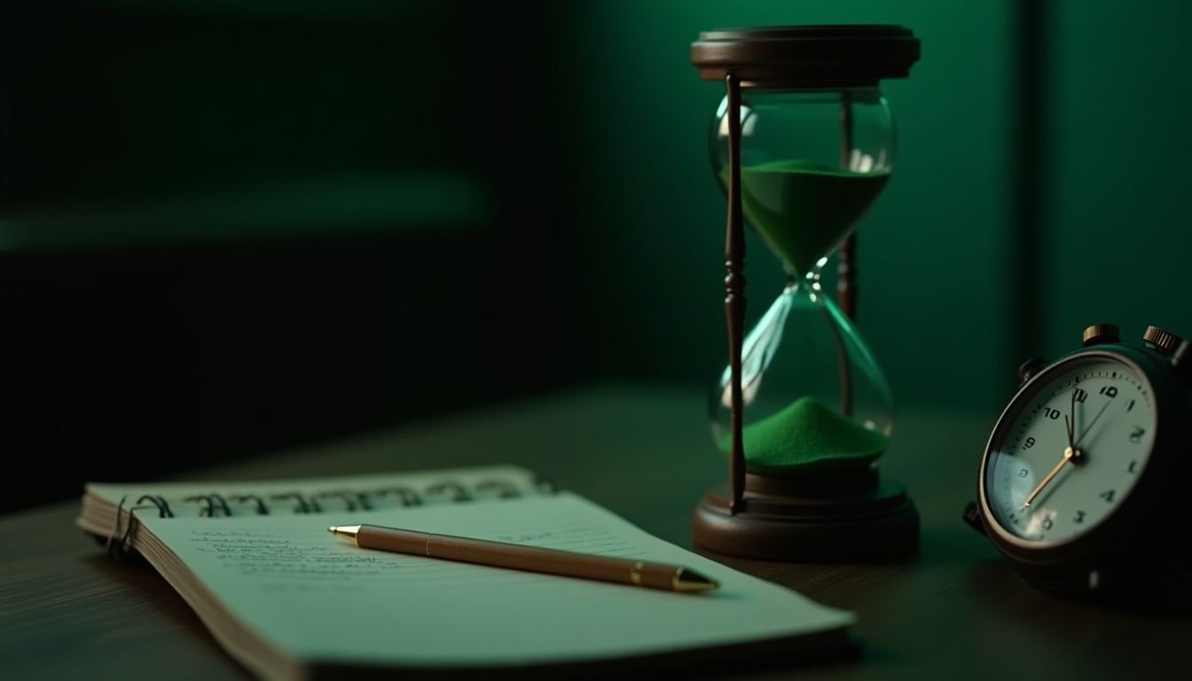 An emerald hourglass beside a handwritten weekly log on a dark desk — time and attention guide